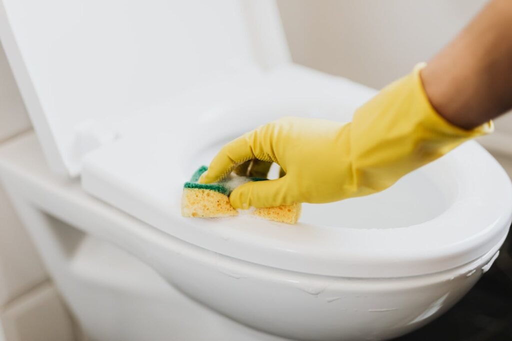 From above of crop anonymous person in rubber gloves using soapy sponge while cleaning toilet bowl